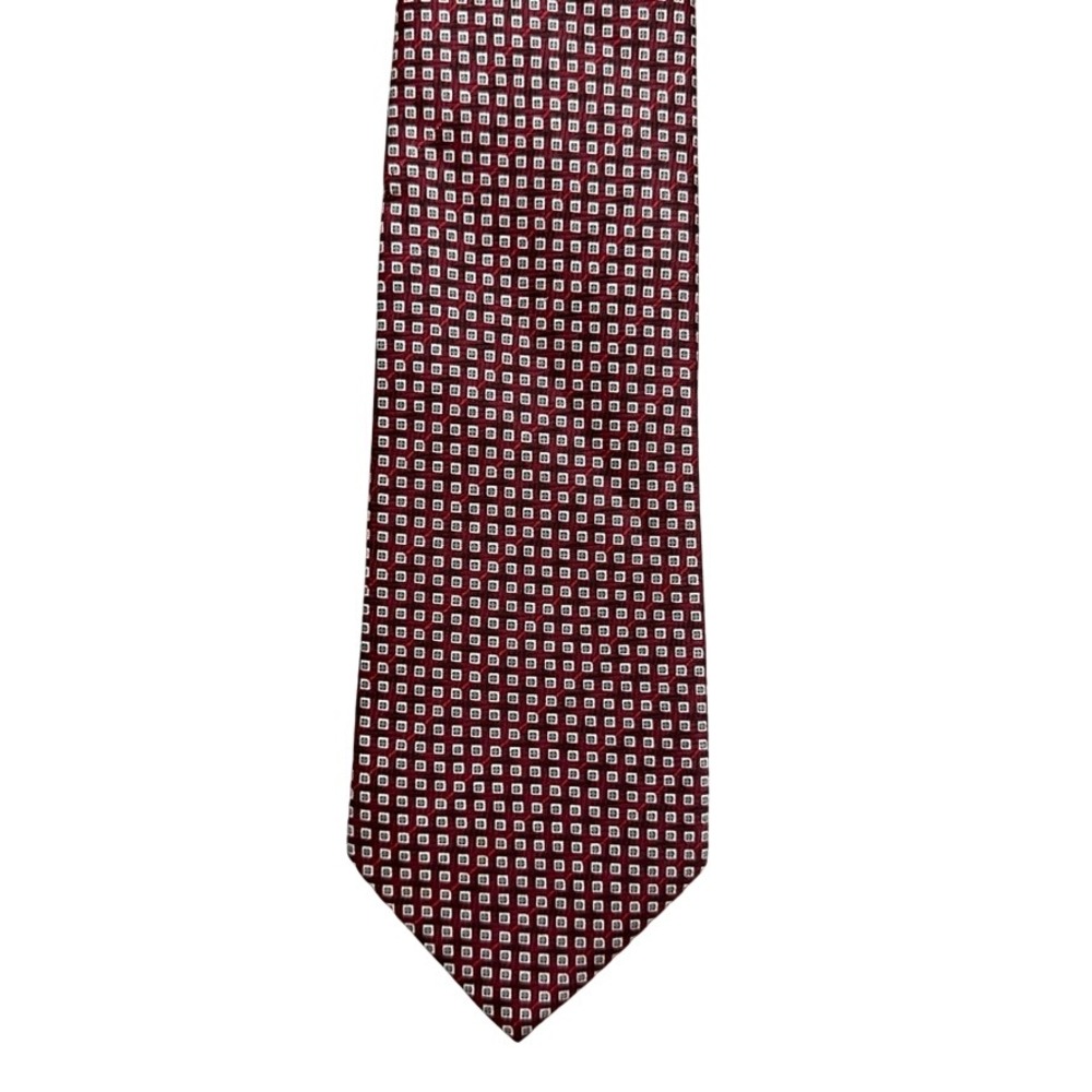 Peterborough Row Bloomingdales Mens Silk Necktie Burgundy Red Geometric Square